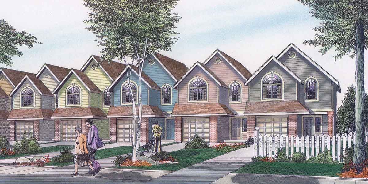 House front color elevation view for T-411 Popular Row house & Triplex Design 3 bedroom 2.5 bath one car garage