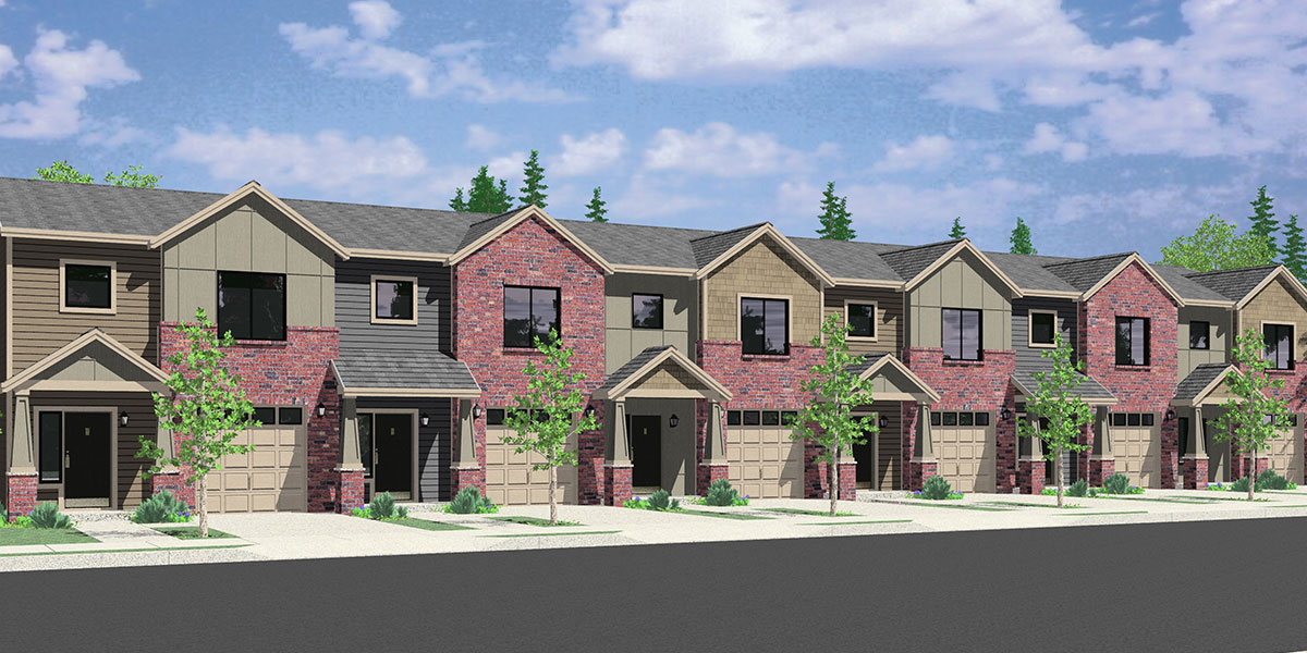 House front color elevation view for S-732 6 plex, Brownstone, Craftsman Townhouse, S-732