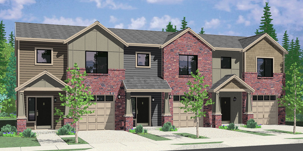 House front color elevation view for T-419 Triplex, Brownstone, Craftsman townhouse, T-419