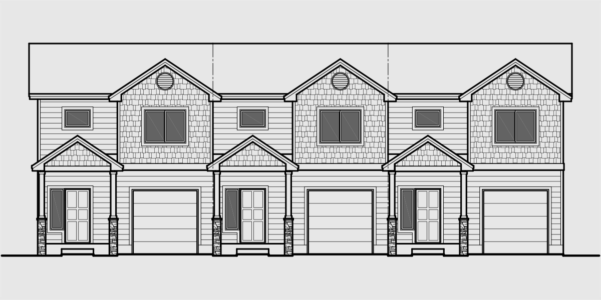 House front drawing elevation view for T-426 Triplex house plan with basement