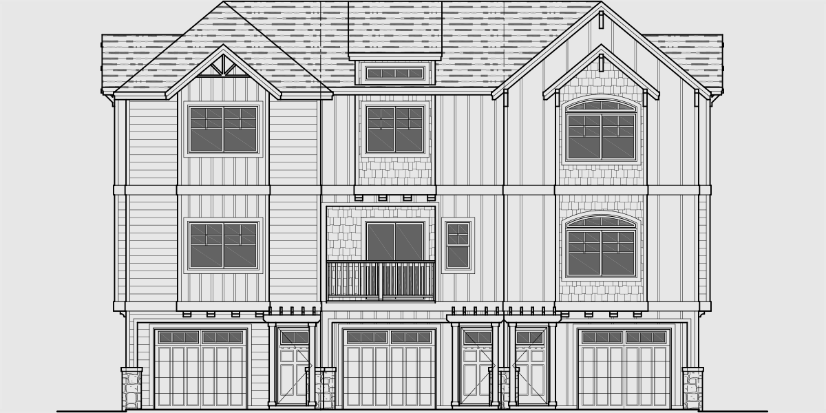 House front drawing elevation view for T-424 Triplex house plan 2 and 3 bedroom plans T-424