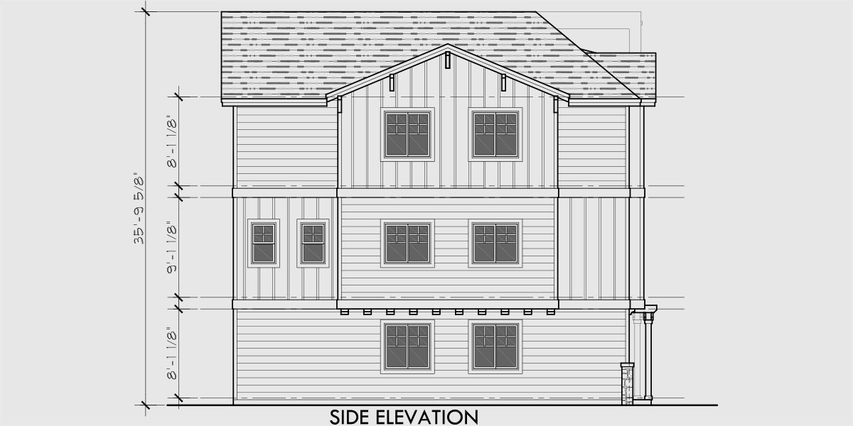 House rear elevation view for T-424 Triplex house plan 2 and 3 bedroom plans T-424