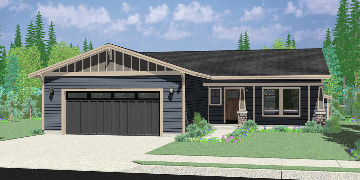 House front color elevation view for 10201 Ranch house plan, with safe house storm room, 10201