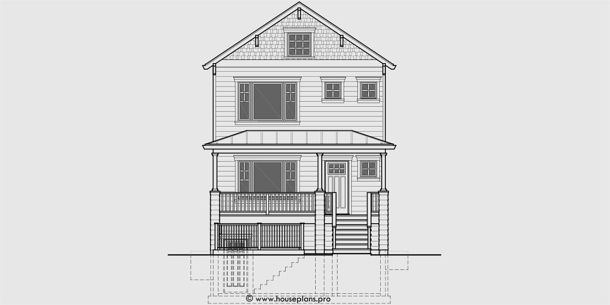 House front drawing elevation view for T-429 Narrow lot, stacked units, triplex house plan