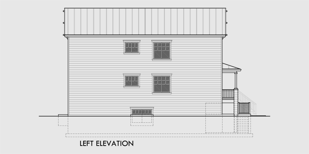 House rear elevation view for T-429 Narrow lot, stacked units, triplex house plan