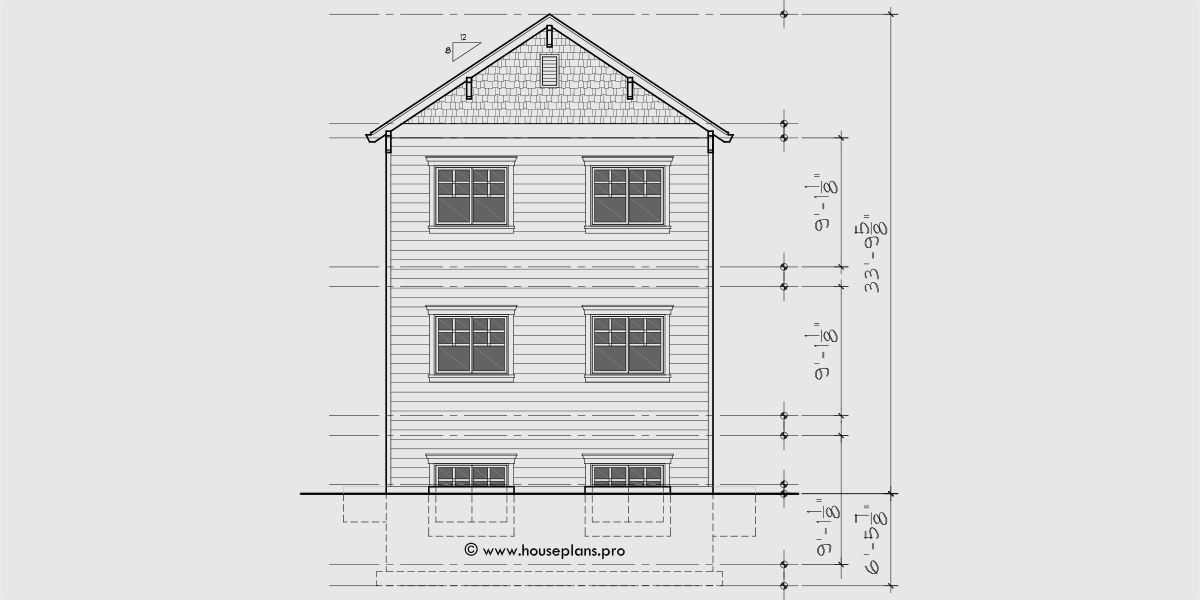 House side elevation view for T-429 Narrow lot, stacked units, triplex house plan