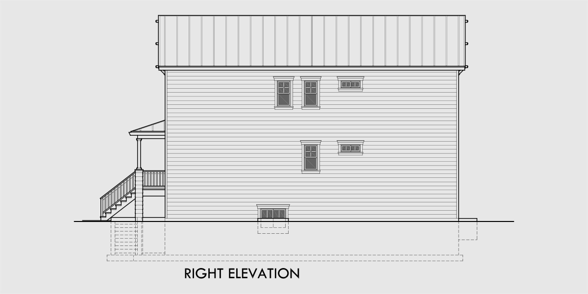 House rear elevation view for T-429 Narrow lot, stacked units, triplex house plan