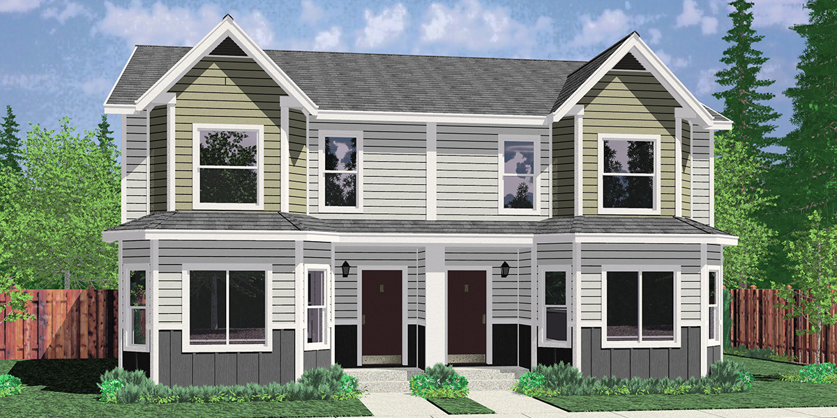 House front color elevation view for D-665 Main floor bedroom, wheelchair accessible, duplex house plan, D-665
