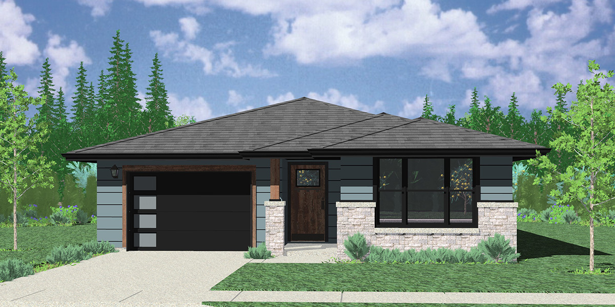 House front color elevation view for 10202 Small house plan, two master bedrooms, 10202