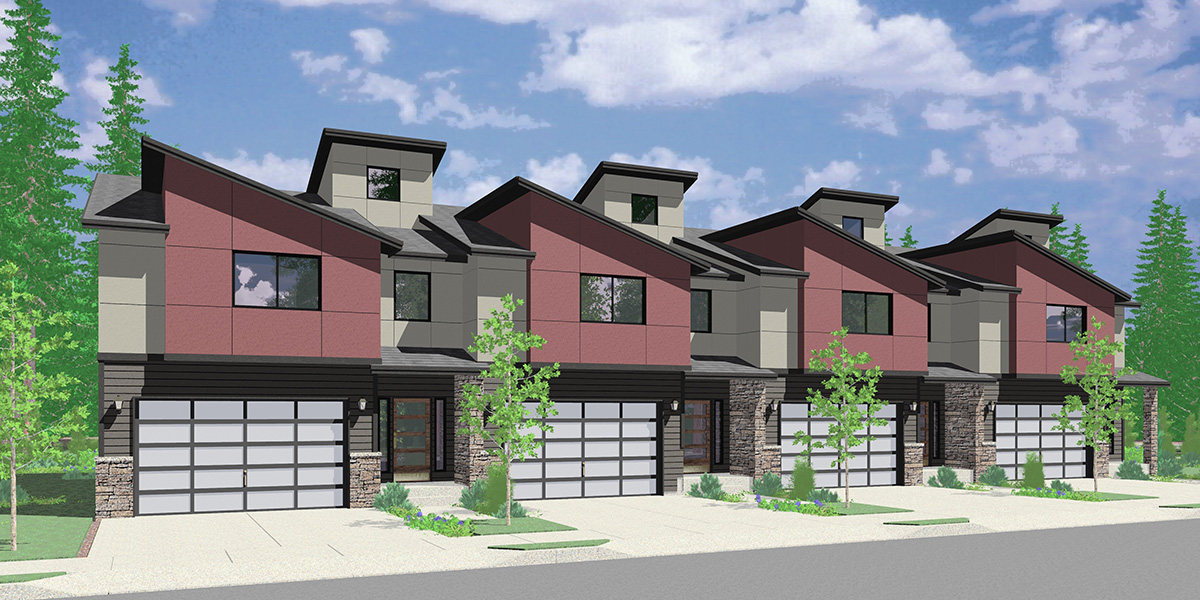 House front color elevation view for F-622 Modern town house plan F-622