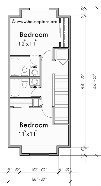 Upper Floor Plan for F-628 Unlock space-saving potential with our 4-plex town house plans, designed for narrow 16 ft wide units. Start your next construction project with us and build smarter!