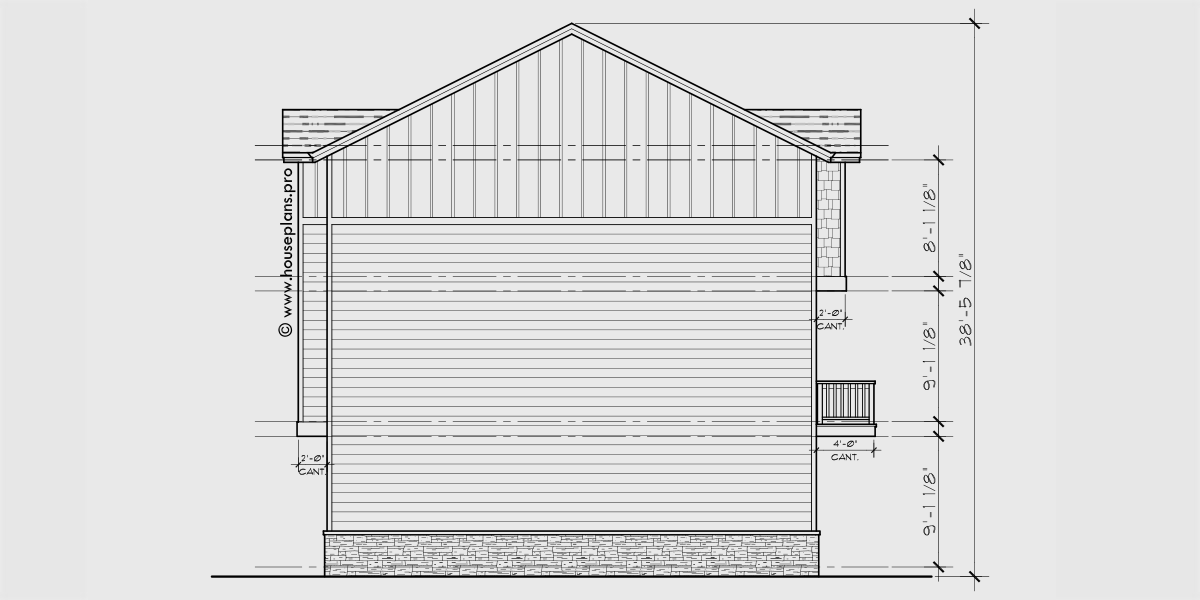 House side elevation view for F-628 4 plex town house plan, narrow 16 ft wide units, F-628