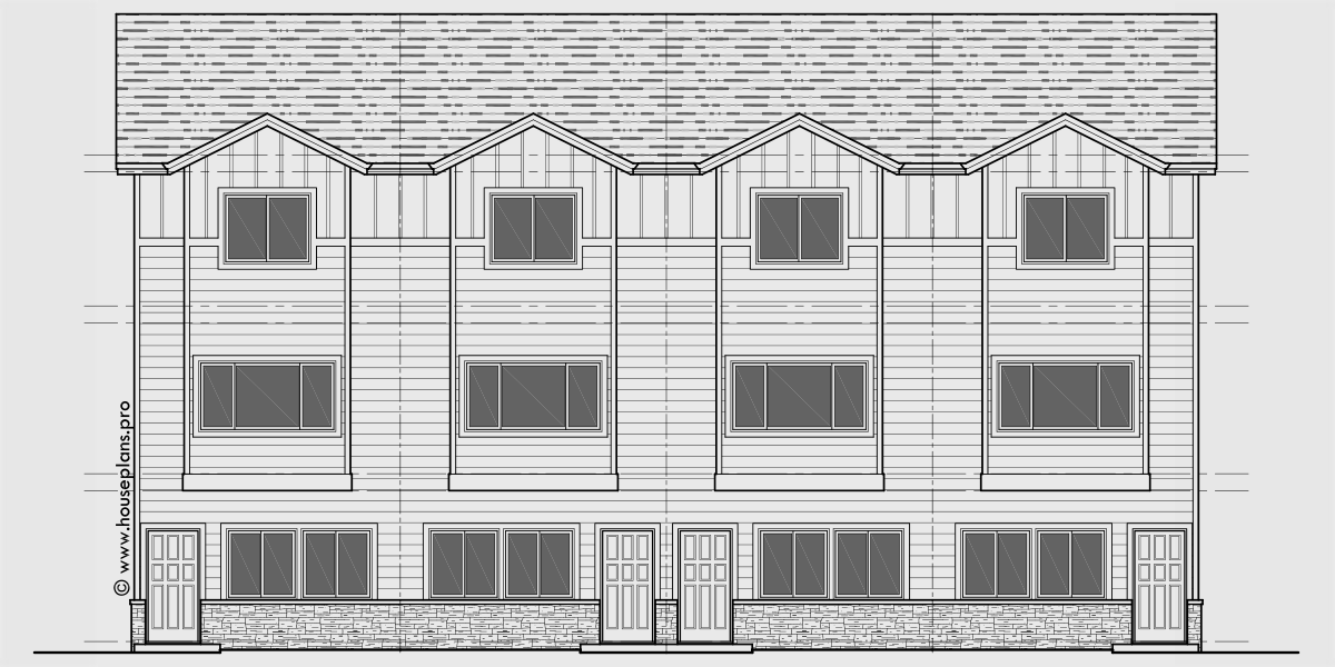 House rear elevation view for F-628 4 plex town house plan, narrow 16 ft wide units, F-628