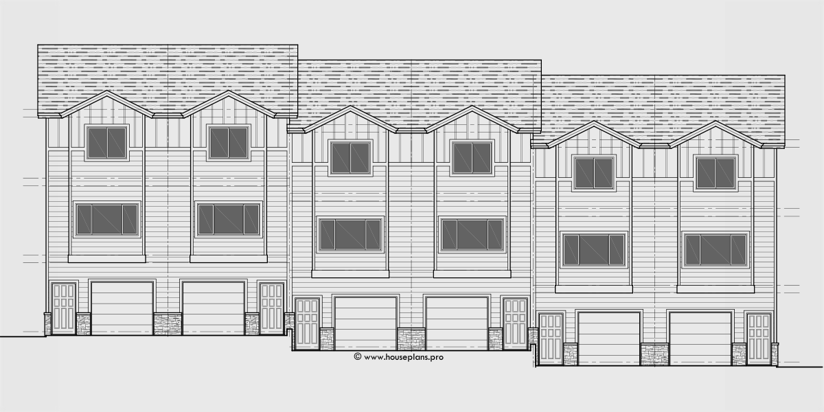 House rear elevation view for S-747 6 plex town house plan, narrow 16 ft wide units, rear garage, S-747