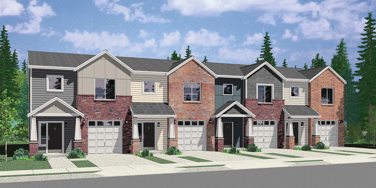 House front color elevation view for F-641 4 plex town house, open floor plan, kitchen island, F-641