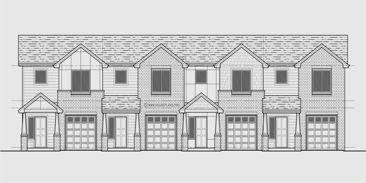 House front drawing elevation view for F-641 4 plex town house, open floor plan, kitchen island, F-641