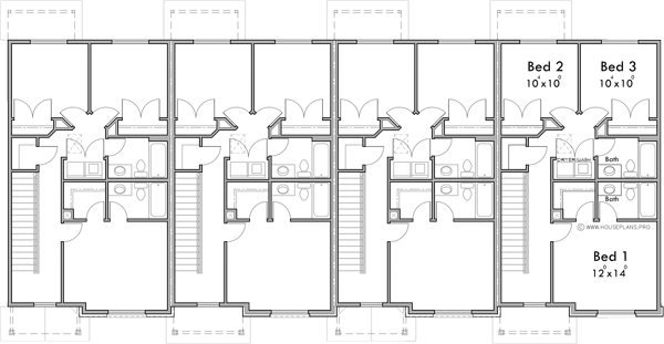 Upper Floor Plan 2 for Invest in a spacious 4-plex townhouse with open floor plans and kitchen islands. Architectural innovation awaits. Join us in building the future of housing! 