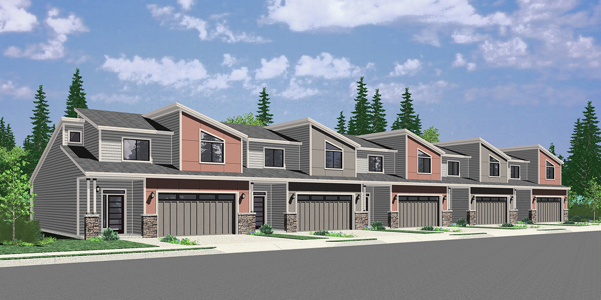 House front color elevation view for FV-658 Luxury town house plan, main floor master bedroom, two car garage, FV-658