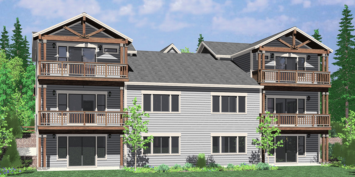 House side elevation view for D-721 Jackson Hole luxury timber framed town house, main floor master, basement D-721