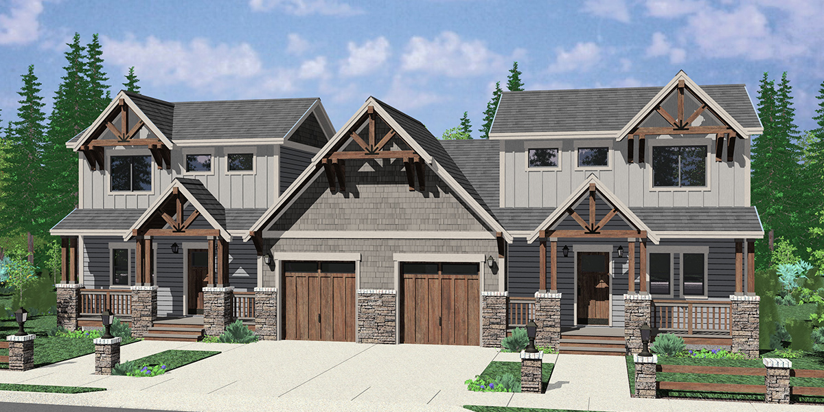 House front color elevation view for D-721 Jackson Hole luxury timber framed town house, main floor master, basement D-721