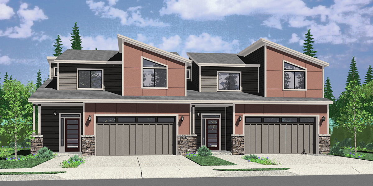 House front color elevation view for D-726 Luxury town house plan, main floor master bedroom, two car garage, D-726
