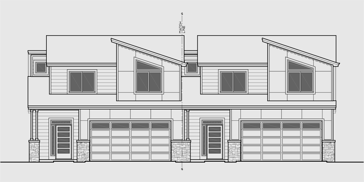 House front drawing elevation view for D-726 Luxury town house plan, main floor master bedroom, two car garage, D-726