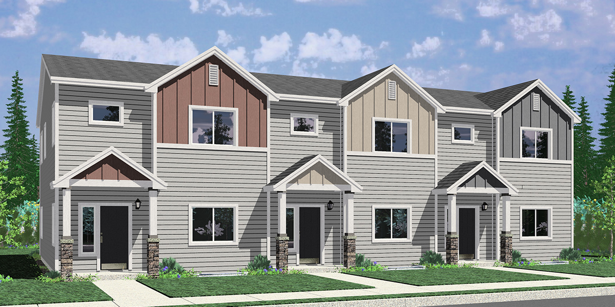 House front color elevation view for T-446 Town house plan, main floor master, basement, 4 bedroom, T-446