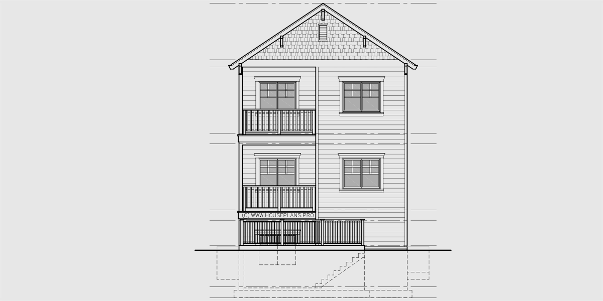 House front drawing elevation view for T-448 Stacked triplex 2 bedroom condo 6 bedrooms T-448
