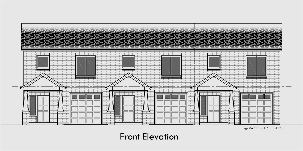 House front drawing elevation view for T-451 Triplex town house plan 3 bedroom 2.5 bath and garage
