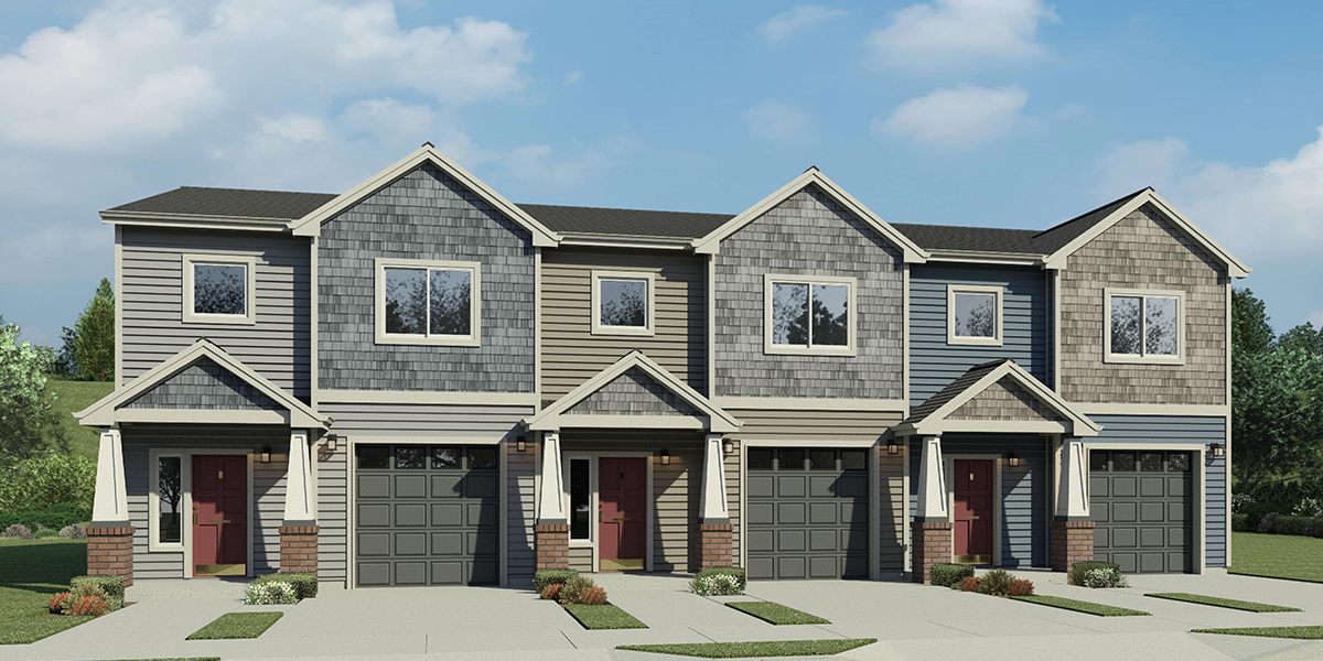 House front color elevation view for T-454 Triplex town house plan 3 bedroom 2 & half bath and garage T-454