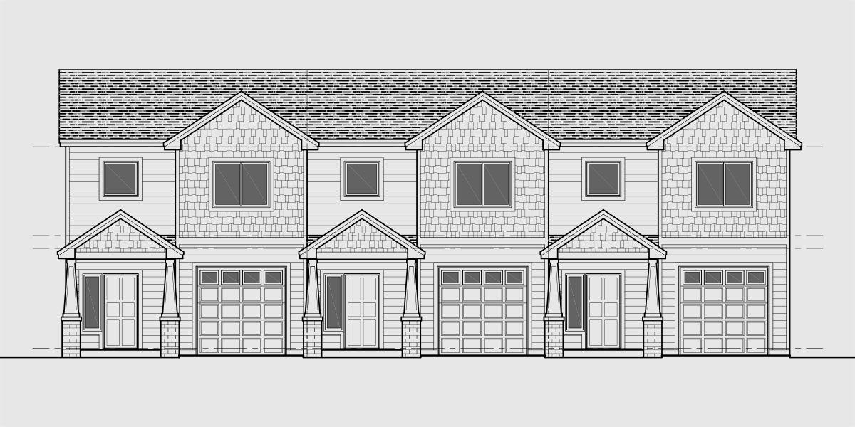 House front drawing elevation view for T-454 Triplex town house plan 3 bedroom 2 & half bath and garage T-454