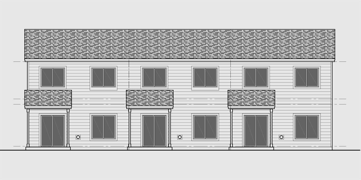 House side elevation view for T-454 Triplex town house plan 3 bedroom 2 & half bath and garage T-454