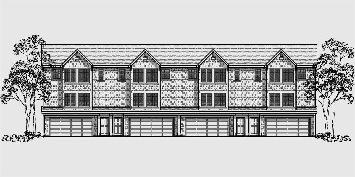 House side elevation view for F-546 Fourplex house plans, 3 story town house, 3 bedroom townhouse, 4 plex plans with garage, F-546