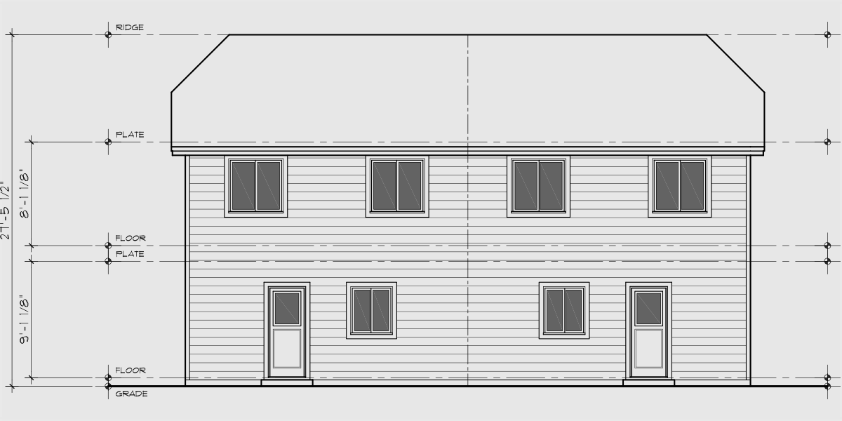 House side elevation view for D-712 Two story, 3 bedroom, duplex house plan D-712