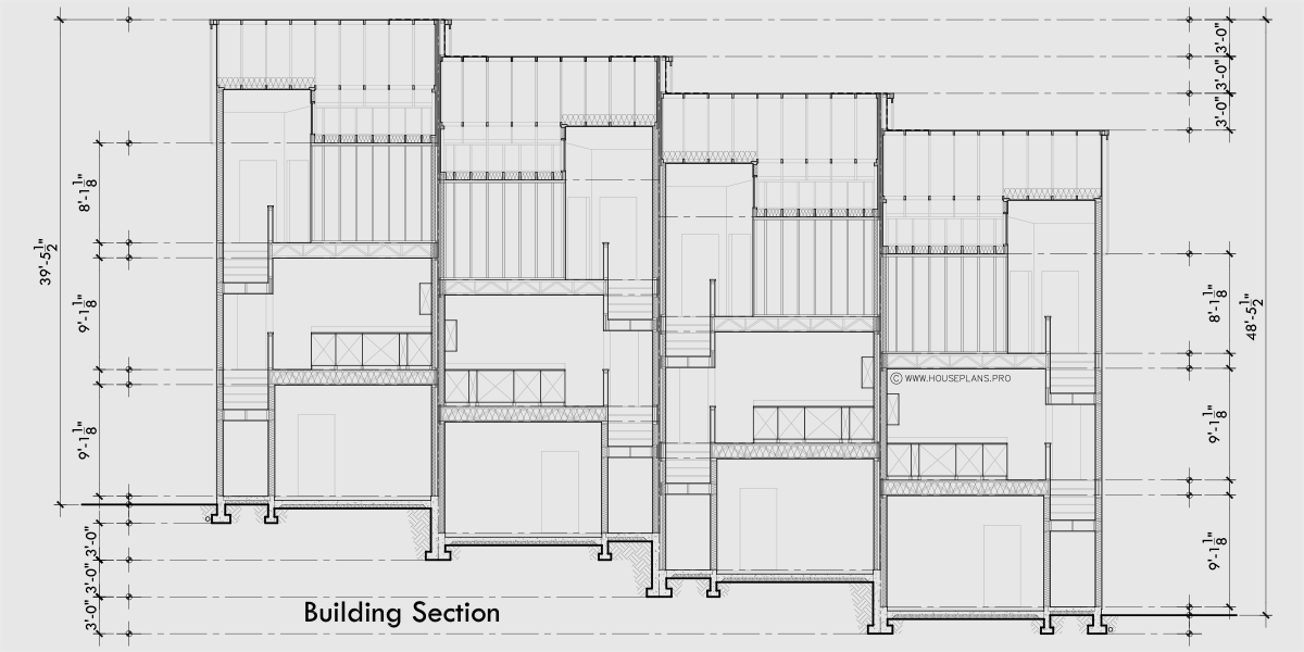 House rear elevation view for F-682 Best selling 4 plex town house plan 18 ft wide narrow units F-682