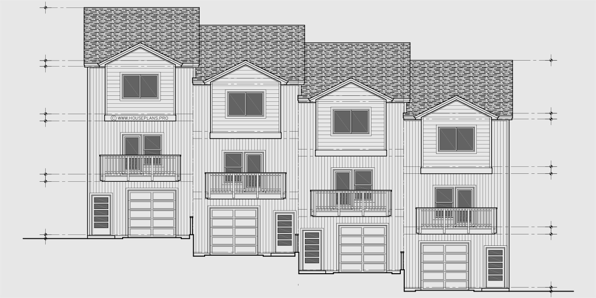 House side elevation view for F-682 Best selling 4 plex town house plan 18 ft wide narrow units F-682