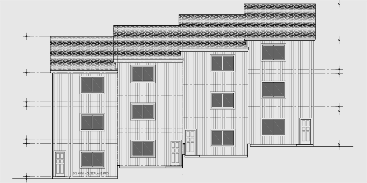 House rear elevation view for F-682 Best selling 4 plex town house plan 18 ft wide narrow units F-682