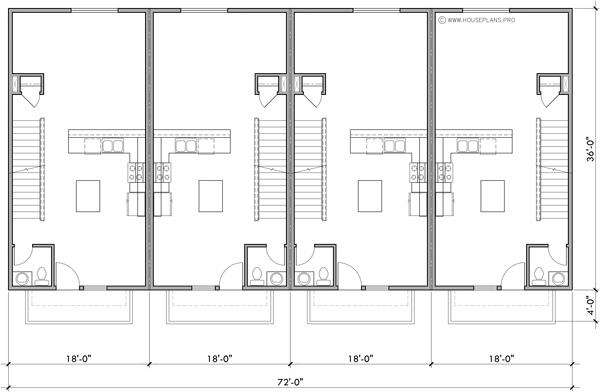 Main Floor Plan 2 for F-682 Best selling 4 plex town house plan 18 ft wide narrow units F-682