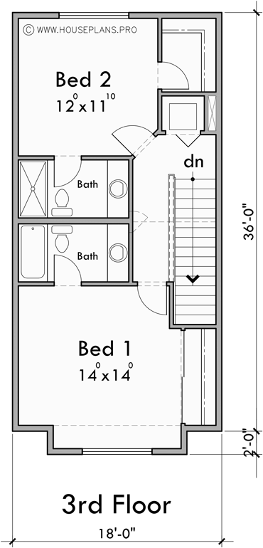 Upper Floor Plan for F-682 Best selling 4 plex town house plan 18 ft wide narrow units F-682