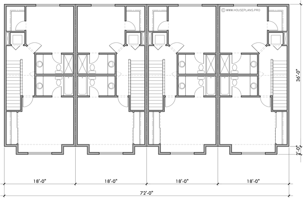 Upper Floor Plan 2 for Best selling 4 plex town house plan 18 ft wide narrow units F-682